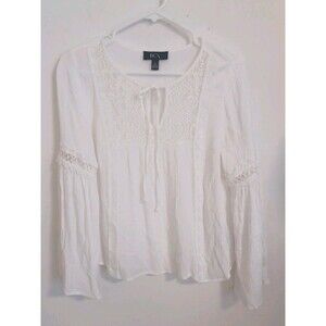 BCX Babydoll Top M White Coquette Lace Embroidery Boho Festival Peasant Prairie